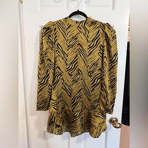RAHI Yellow Black Sophie Tigress Tiger Puff Long Sleeves Ruffled Dress Small